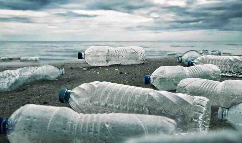 Plastic bottles litter beach.