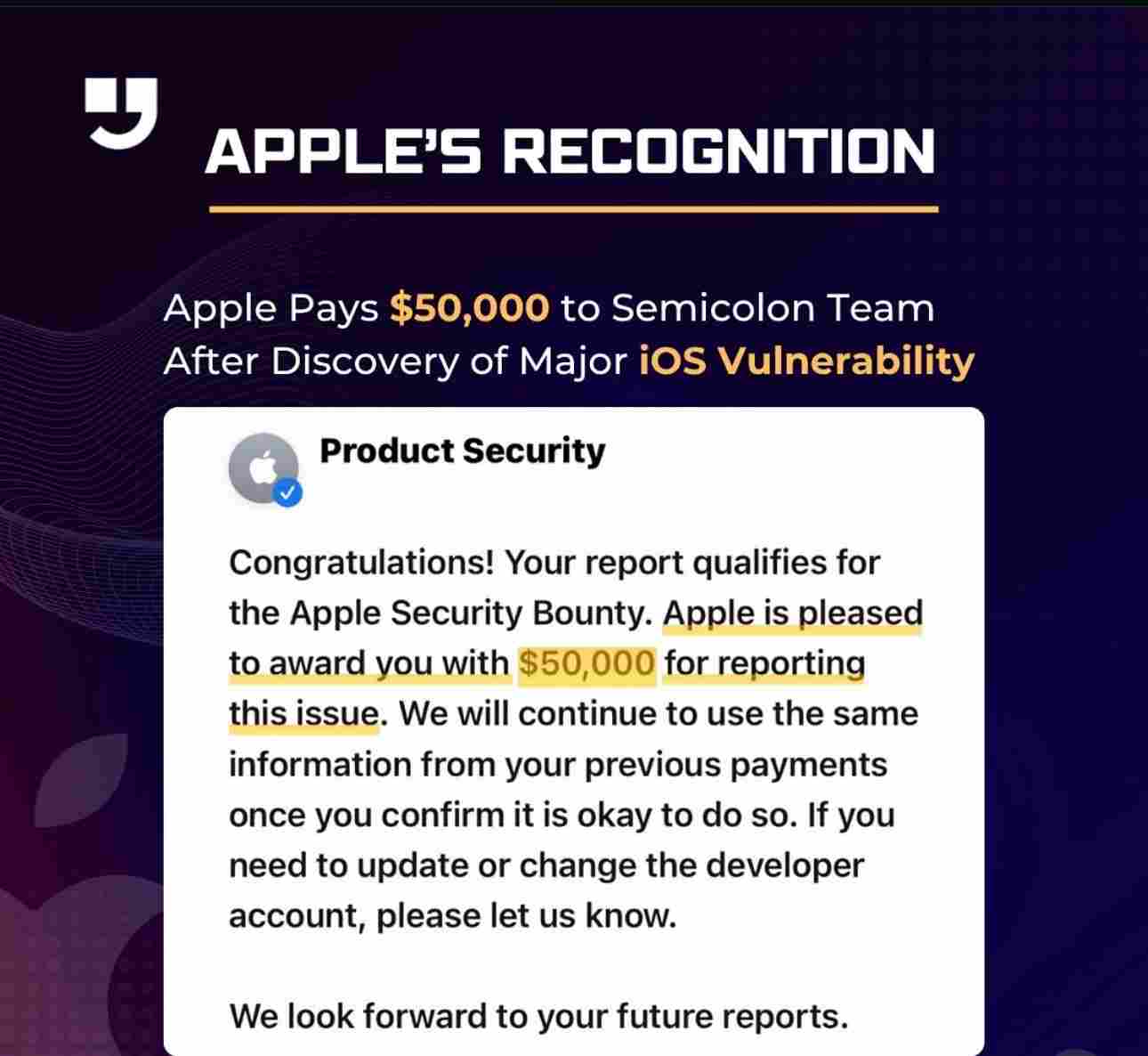 "Apple" تكافئ " Semicolon Security" بمبلغ 50,000 دولار بعد اكتشاف الخلل. (المصدر: إنستغرام / @Semicolon.security)