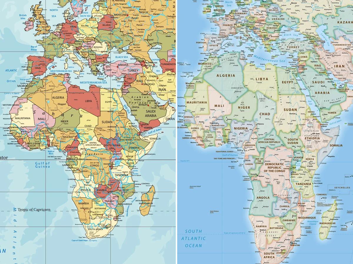 A comparison of Africa’s size on the Mercator projection, left, and the 2018 Equal Earth map, right. Composite: Equal Earth/Getty Images. A comparison of Africa’s size on the Mercator projection, left, and the 2018 Equal Earth map, right. Composite: Equal Earth/Getty Images.
