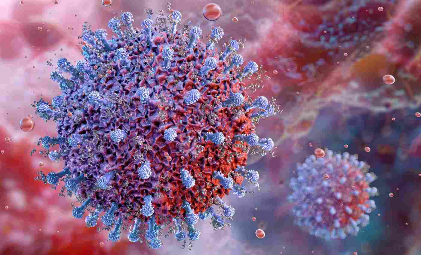 A close-up scientific illustration of a virus particle showing its textured surface and spike-like structures in a microscopic environment.