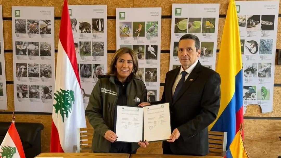 Colombian Ambassador Edwin Osto Us Alfonso and Engineer Sandra Kosa Saba in Ehden Reserve. (Credit: NNA) Colombian Ambassador Edwin Osto Us Alfonso and Engineer Sandra Kosa Saba in Ehden Reserve. (Credit: NNA)