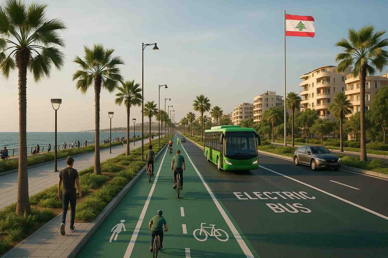 رؤية لنقل مستدام في لبنان تُظهر حافلة كهربائية، وركّاب درّاجات، ومشاة على طول طريق ساحلي هادئ تحيط به المساحات الخضراء.
